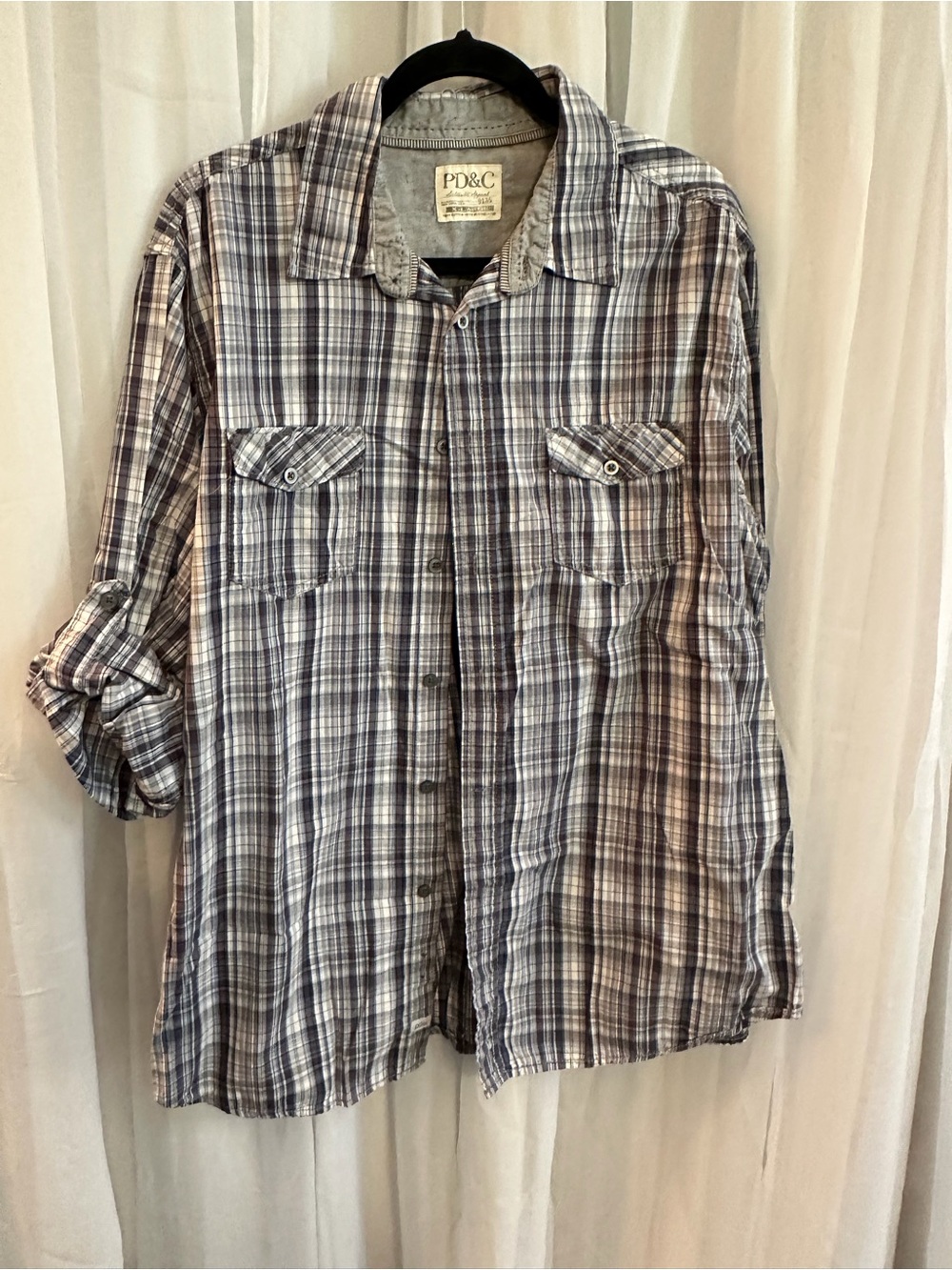 PD&C Men's Gray and Blue Plaid Button-Down Shirt